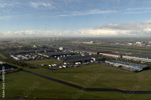 Photography schiphol airport amsterdam building and operation area aerial view after take of