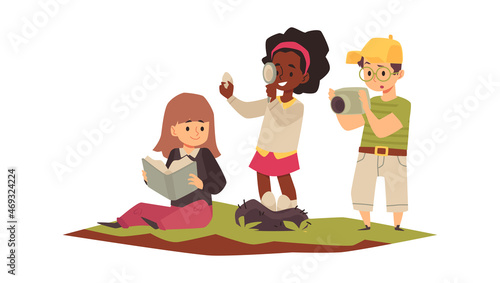 Kids cartoon characters exploring nature together in flat vector illustrations