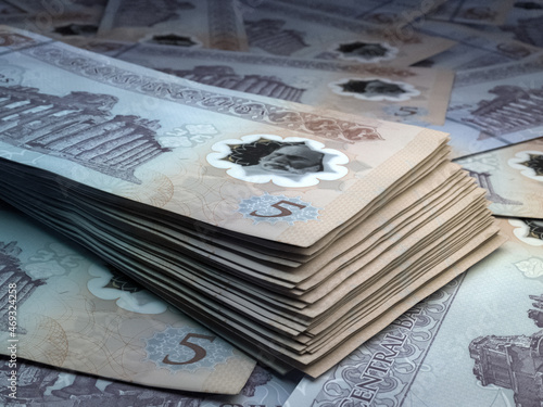 Libyan money. Libyan dinar banknotes. 5 LYD dinars bills. photo
