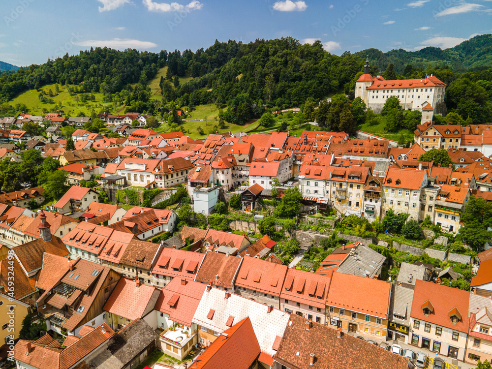 Cityscape of Skofja Loka in Slovenia. Aerial Drone View.