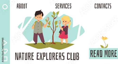 Kids nature exploring club web banner interface flat vector illustration.