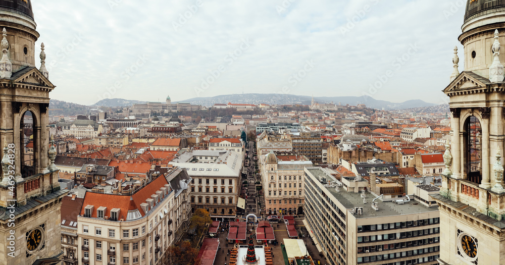 Fototapeta premium View of the Budapest city on Christmas holidays from the observation deck in St. Stephen's Basilica, Hungary