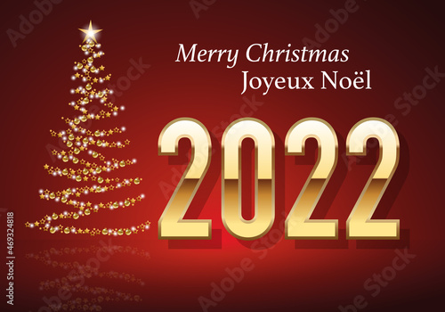 Carte de vœux 2022 au design classique sur fond rouge, avec le traditionnelle sapin de noël, fait avec une guirlande dorée pour souhaiter un joyeux noël.