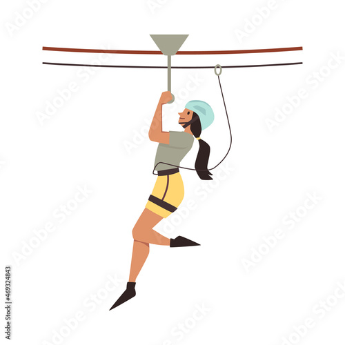 Woman overgoing zipline part of rope park, flat vector illustration isolated.