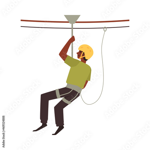 Man in rope adventure park moves along cord, flat vector illustration isolated.