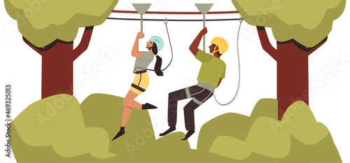 Rope park zipline section with moving people, flat vector illustration isolated.