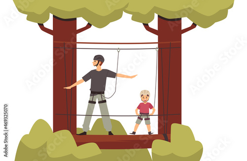 Father and son at rope park attraction, flat vector illustration isolated.