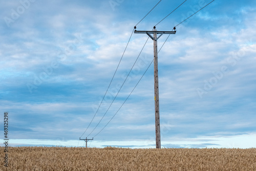 Overhead electricity power lines, supported by wooden poles, crossing a farm field in Northumberland, England, UK.