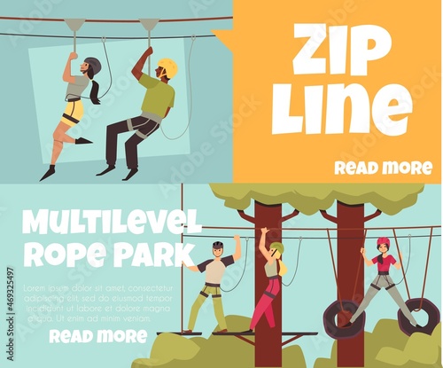 Rope park multilevel and zipline attractions banners, flat vector illustration.
