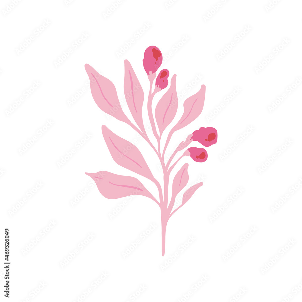 Naklejka premium Pink floral elements. Flower and green leaves.Modern trendy Matisse minimal style. Floral poster, invite. Vector arrangements for greeting card or invitation design