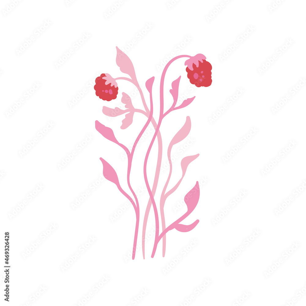 Pink floral elements. Flower and green leaves.Modern trendy Matisse minimal style.  Floral poster, invite. Vector arrangements for greeting card or invitation design