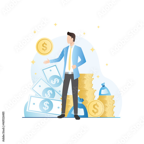 Vector, successful, happy businessman makes lot of money, stacks of cash, holds in his hand, shows big gold coin,bags of finance.Wealthy banker in business suit stands with banknotes in luxury,salary.