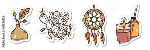 Colorful hand-drawn autumn hygge sticker set with a vase, a garland, aroma candle, and a dreamcatcher in doodle style. Cute vector collection for seasonal decoration.