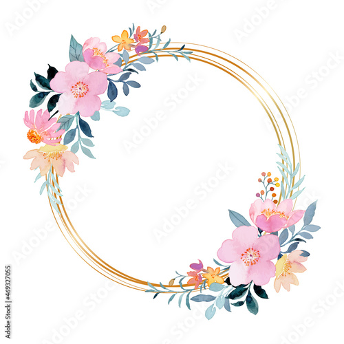 Watercolor pink floral wreath with gold circle
