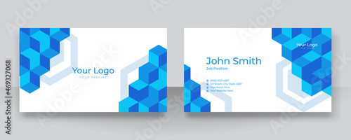 Modern elegant blue business card template with cubical isometric abstract shapes. Creative luxury and clean business card template with corporate concept. Vector illustration