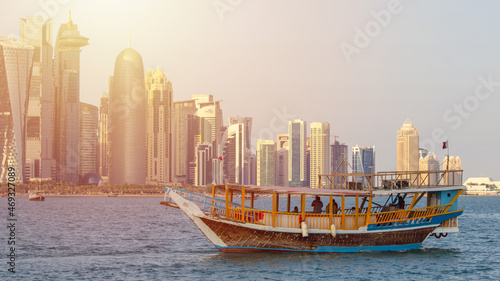 Doha,qatar- 15 January 2020 : People enjoying a boat ride in Doha corniche.