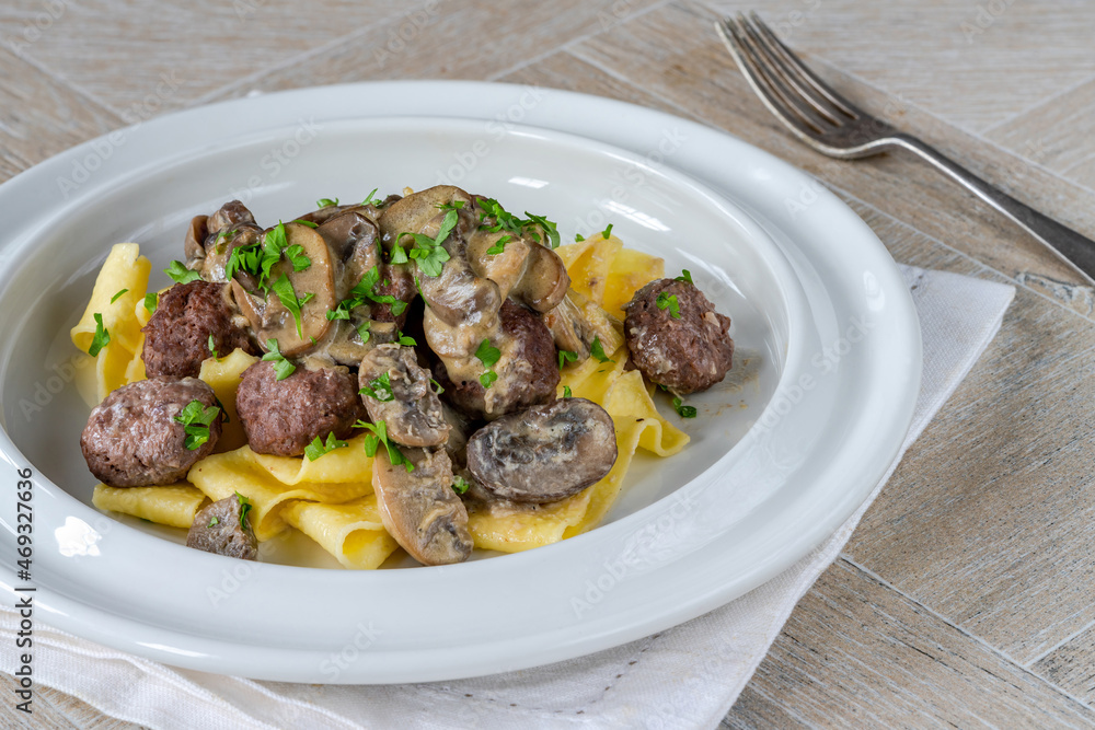 Venison meatballs with creamy mushroom sauce and pappardelle pasta