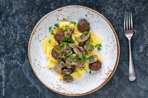 Venison meatballs with creamy mushroom sauce and pappardelle pasta photo