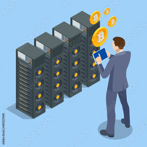 Isometric cryptocurrency mining farm. Cryptocurrency mining equipment. Blockchain system
