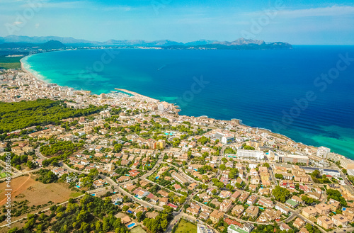 Cityscape and beach drone landscape panorama Can Picafort Mallorca Spain. photo