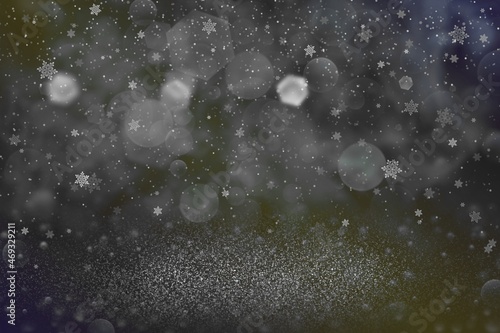 pretty shining glitter lights defocused bokeh abstract background and falling snow flakes fly, festal mockup texture with blank space for your content