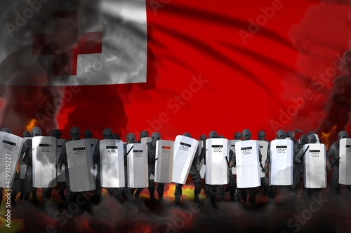 Tonga protest stopping concept, police officers in heavy smoke and fire protecting law against demonstration - military 3D Illustration on flag background