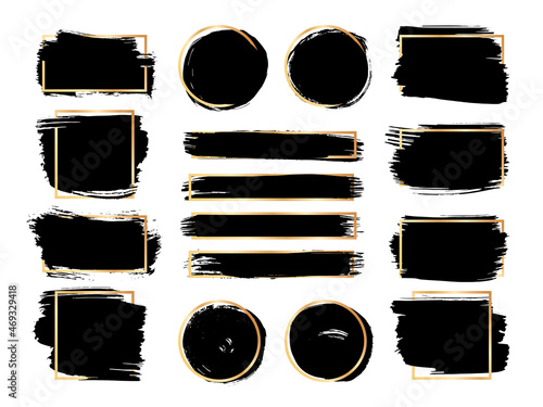 Brush frames elements. Gold frame paint, dark canvas squared. Isolated ink brushes stain, dirty grunge shapes. Abstract swanky vector banners