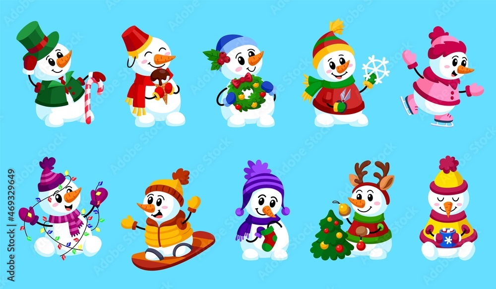 Funny snowmen. Christmas cartoon snowman, winter cacao. Snow person in scarf, kids cute xmas friends. Isolated holiday garish vector characters