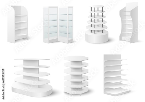 White empty showcase display mockup set, vector illustration. Retail display stand, rack, glass case, store shelves.