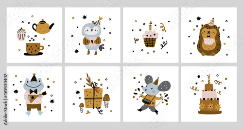 Fototapeta Naklejka Na Ścianę i Meble -  Birthday cards collection with cute animals characters. Owl with gift, mouse with a drum, hedgehog with a cup of tea, cakes. Childish animals prints for kids. Milestone cards for newborn baby. Vector 