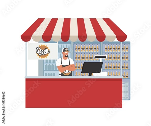 Beer shop, brewery, market, vector illustration. Supermarket, grocery store beer section. Retail shop small business.