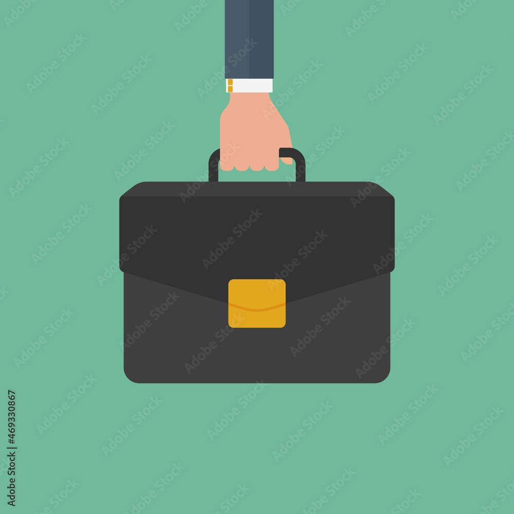 Businessman hand holding briefcase in cartoon style on blue background