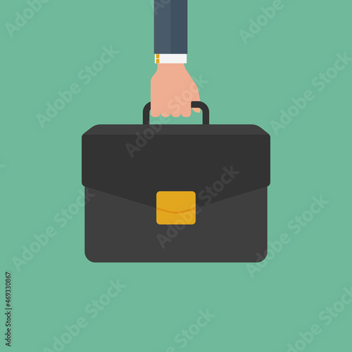 Businessman hand holding briefcase in cartoon style on blue background. Businessman hand holding briefcase, great design for any purposes. Business vector icon.