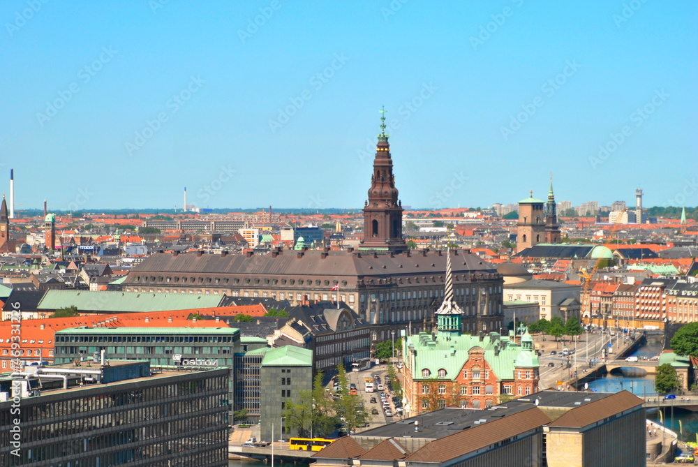 Aerial View of Christiansborg Palace, Church of Holmen, Old Stock Exchange (Boersen) and Ministry of Foreign Affairs of Denmark. Old Architecture Against Cloudless Sky in Copenhagen, Spring 2012.