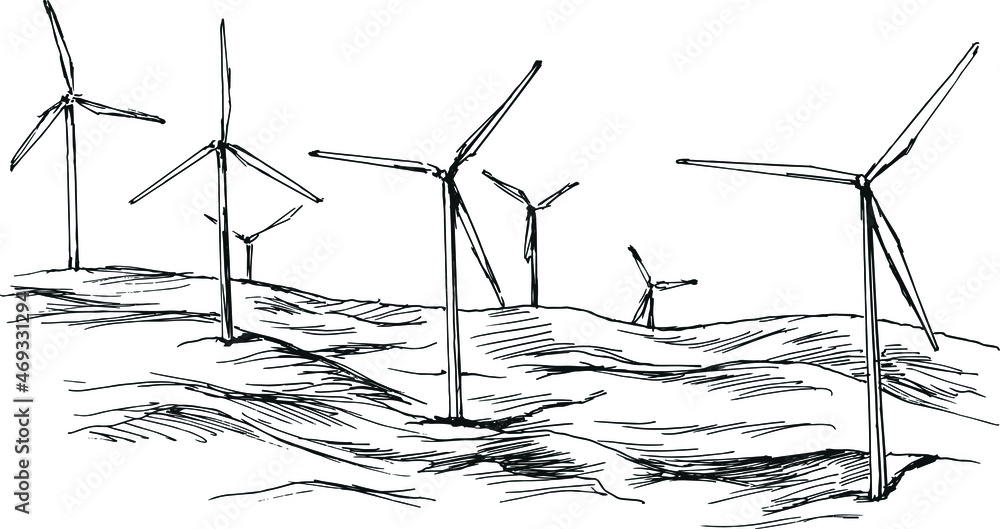 Hand sketch of wind turbines. Vector illustration. Stock Vector | Adobe ...
