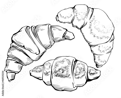 Vector Set of Hand Drawn Illustrations of Croissants. Vintage Style Line Art Drawings of Sweet Viennoiserie Isolated on the White Background. Good for One Color Print.