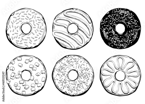 Vector Set of Hand Drawn Illustrations of Donuts. Vintage Style Line Art Drawings of Sweet Doughnuts Isolated on the White Background. Good for One Color Print.