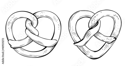 Vector Set of Hand Drawn Illustrations of Pretzels. Vintage Style Line Art Drawings of Sweet Kringles Isolated on the White Background. Good for One Color Print.