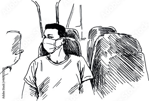 Hand sketch of a man traveling by train with a face mask. Vector illustration.