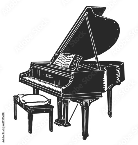 classic grand piano ink illustration