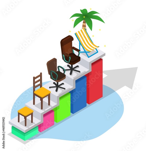 Business career growth, vector isometric illustration. Ladder with tabouret, boss chair and chaise longue with palm.