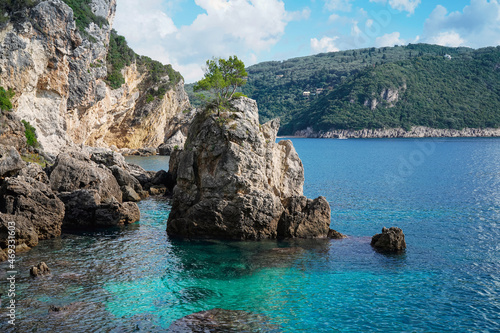 beautiful bay with rocky beach La Grotta in Paleokastritsa  Corfu island  Greece