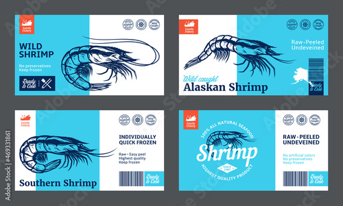 Vector shrimp labels and design elements. Prawn illustrations