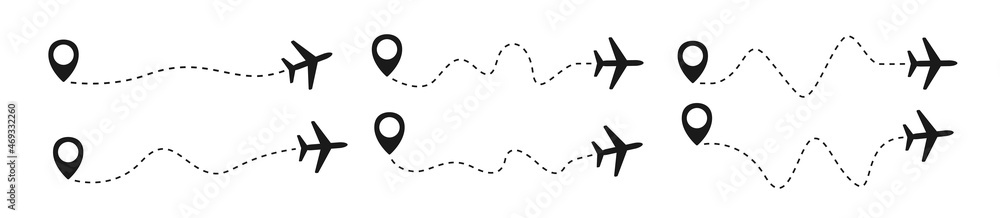 Fototapeta premium Plane with track set icon vector illustration. Plane route. Airplane path flat style vector icon