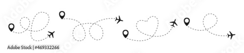 Plane with track set icon vector illustration. Plane route. Airplane path flat style vector icon