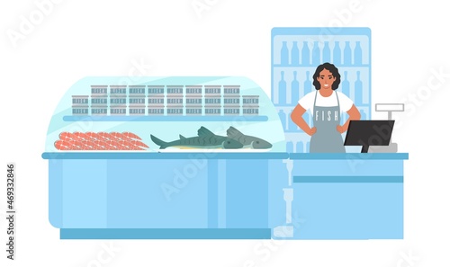 Fish store, market. Supermarket, grocery store seafood section, department. Fishmonger shop, vector illustration.