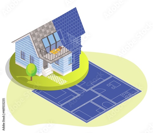 House building on blueprint, vector isometric illustration. House plan drawing, architectural project, construction plan