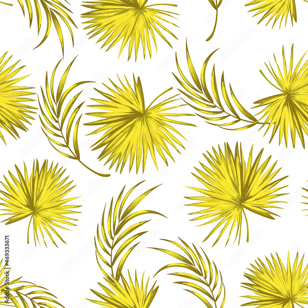 Green tropical palm leaves seamless vector pattern on the black background. Trendy summer print