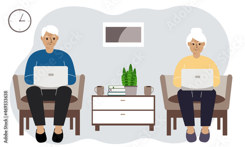 The family spends time together at home, grandparents are relaxing in the living room using a laptop. Family evening modern pensioners