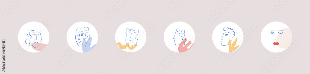 Set of matisse inspired cut out shapes and faces circle icons. Collection for social media story, blog post or highlight covers with abstract portraits. Vector illustration. Set of matisse inspired cut out shapes and faces circle icons. Collection for social media story, blog post or highlight covers with abstract portraits. Vector illustration.